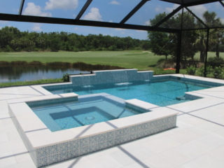 Rectangular screened pool with a shallow sun shelf and raised spa beside a pond